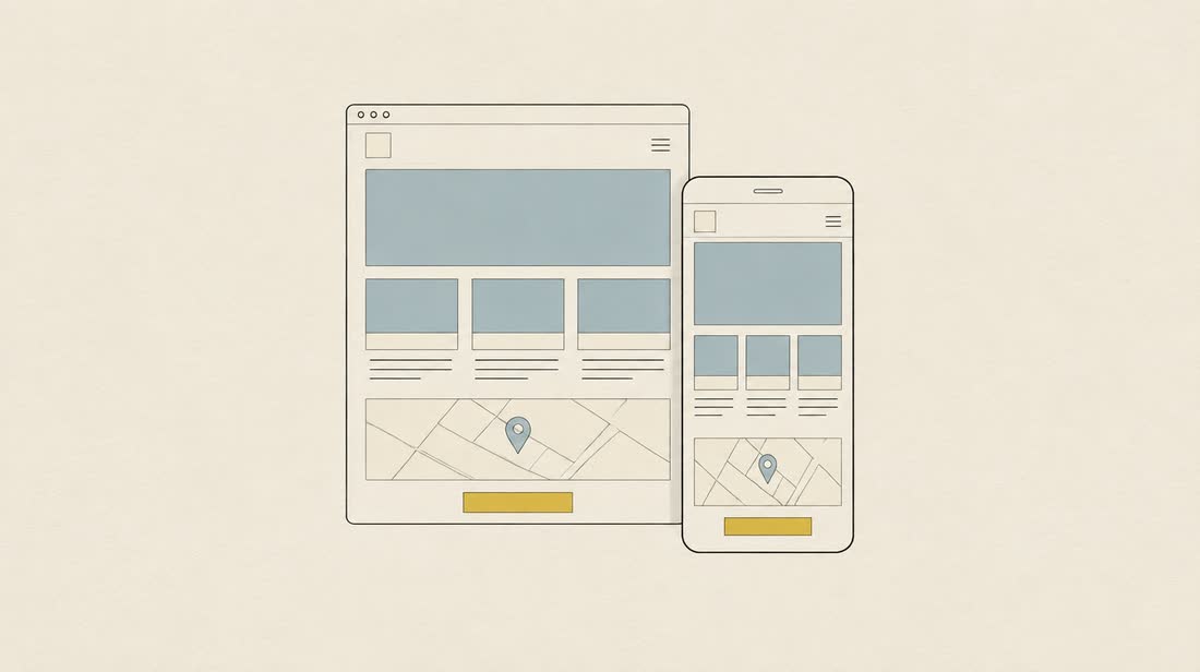 Drawing of a one-page restaurant site on a desktop browser and on a phone: a photo banner, three dish cards, a map with a pin and a button at the foot.